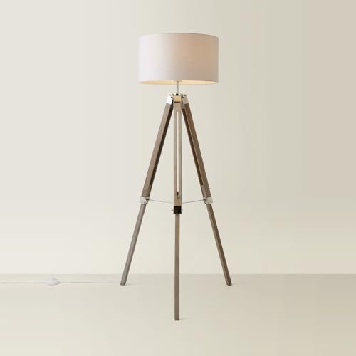MiniSun | Modern Light Wood & Chrome Tripod Floor Lamp with a Grey Drum Shade | Floor Lamps & Torchieres, Home Décor & Improvement Essential | Includes Bulb [3000K Warm White]