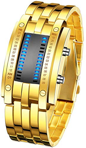 PASOY Binary Blue LED Digital Watch Mens Classic Creative Fashion Square Silver Plated Women Date Wrist Watches (Gold)
