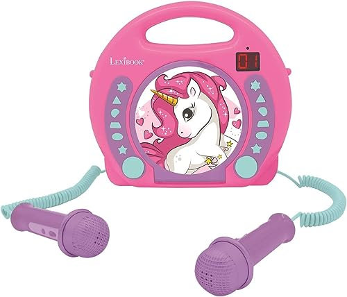 Lexibook, Unicorn, Portable CD player with Microphones, Music Player, Repeat and Programming, Karaoke, Headphones jack, Pink, RCDK100UNI