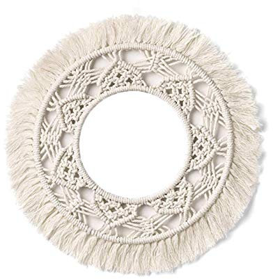 Makramee Wandspiegel, Bohemian Wandbehang, Runde Spiegel zum Aufhängen Mit Fransen, Boho Weiß