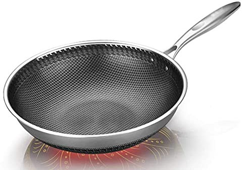 ksamwjf Wok-Pfanne Antihaft-Wok, 316 Edelstahl-Wok, Haushaltspfanne, Antihaft, Induktionsherd, Gasherd, Kochen ohne Rauch, Wok-Pfanne in 2 Größen, Antihaft-Induktion (Color : Without Cover, Size : 3