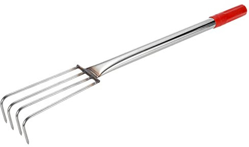 sourcing map 4 Dents Jardin Griffe Râteau, 12,6 Pouces INOX Acier Main Râteau avec Caoutchouc Poignée pour Jardin Plage, Argenté