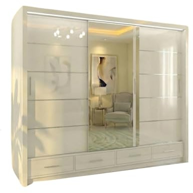 INTERWOOD Modern High Gloss Mirror Sliding Doors Wardrobe, featuring 2&3 sliding Doors, Hanging Rails & Adjustable Multiple Shelves, offers Space Saving solutions for Bedroom furniture 255cm(white)