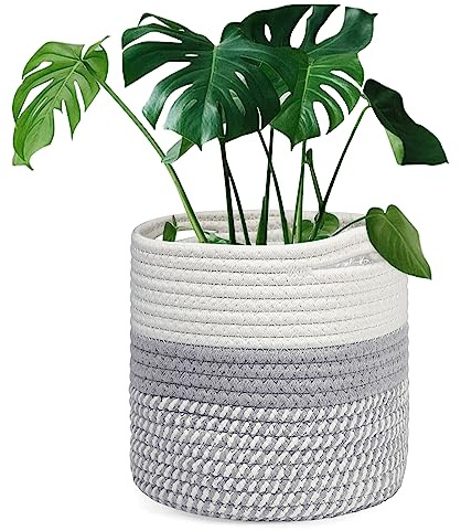 Tenn Well Weiß und Grau 20 cm Indoor-Topf für Pflanzen mit Einsatz, | Baumwolle gewebter Aufbewahrungskorb große Blumentöpfe Zimmerpflanzen, Blumentopf, Wäsche-Organizer und Heimdekoration