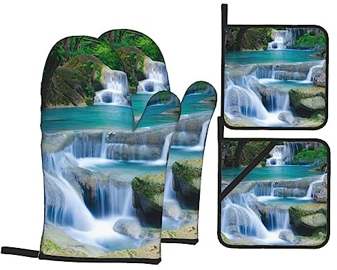 Waterfall Stream Printed Oven Mitts and Pot Holders 4 Pcs Set Heat Resistant Hot Pads Cooking Gloves with Lanyard for Baking Cooking BBQ Grill
