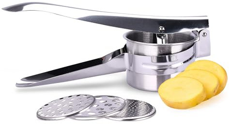 Kitchtic Kartoffelpresse Edelstahl - Multifunktionale Kartoffelpresse mit 3 Austauschbaren Feinheitsscheiben - Rutschfestes Küchenwerkzeug aus Silberstahl für Kartoffelpüree und Mehr