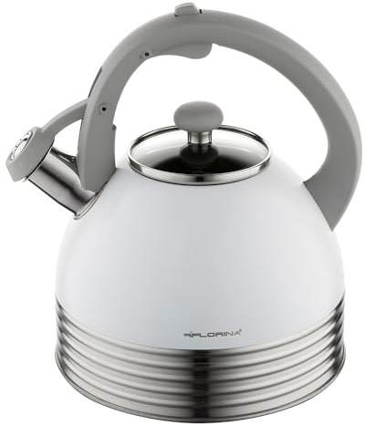 FLORINA LINO Wasserkessel (2,9 l) I Edelstahl Teekessel I Flötenkessel mit Soft-Touch Griff I Pfeifton mit Knopfdruck ausschaltbar I Wasserkocher für Induktionsherd, Gasherd, Elektroherd I Farbe: Weiß