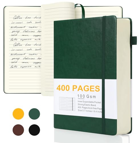 Journals for Writing, A5 Leather Ruled Notebook with 400 Pages, 100 Gms College Ruled Journal with Thick Paper, Hardcover with Inner Pocket & Pen Holder, Dark Green