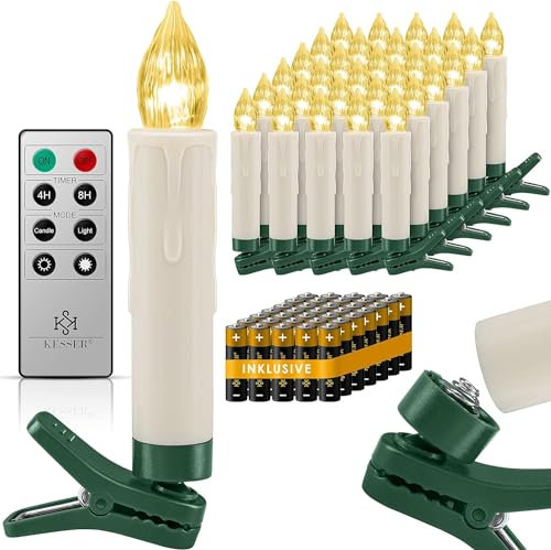 KESSER® Candele per albero di Natale 30 LED's, Incl. batterie, Senza fili, Bianco caldo, con telecomando, Funzione timer, Dimmerabile Candele per albero di Natale