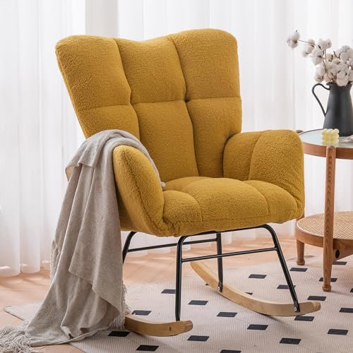 DEKKETO Schaukelstühle Teddystoff, Gemütlicher Teddy Sessel Zum Stillen, Relaxstuhl Stillsessel Schaukelstuhl Holz für Wohnzimmer Schlafzimmer, Bequeme Lesesessel für Kinderzimmer, Gelb