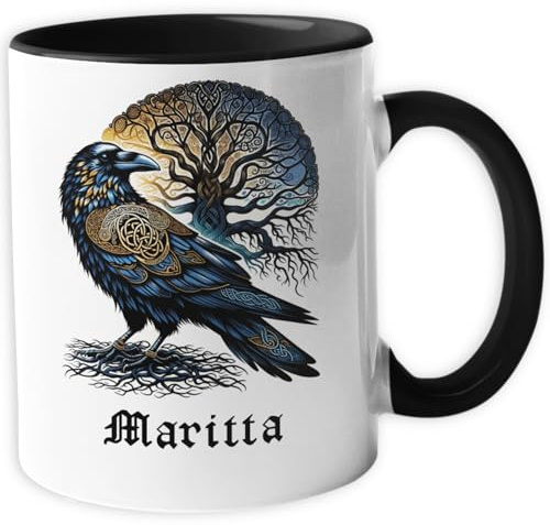 Personalisierte Wikinger Tasse | Motiv Rabe mit Yggdrasil, die Weltenesche | mit Namen personalisiert, Keramik Kaffeetasse Metbecher mit Wunschname 330 ml 38