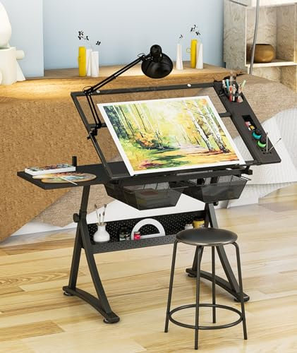 TemkIN Künstler-Zeichenpult, Art Craft Workstation, mit Einstellbarer Höhe & Neigbar, Lagerung Schubladen, Beistelltisch, Bleistifthalter Zeichentisch für Home Office Schule