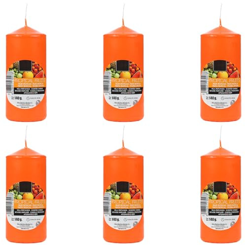 Lot 6 Bougie Parfumées Couleur Orange, Bougies Piliers Parfumées Fruits Tropicaux 110x47mm Durée de 25 Heures