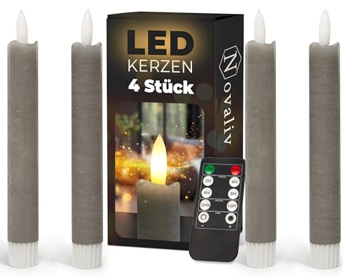 Stabkerzen LED mit Timer TAUPE GRAU 4 Stück indoor 6 Stunden - ECHTWACHS 18cm Höhe für Kerzen 2,2cm Durchmesser 2 AAA Batterien notwendig LED Stabkerzen flackernde Flamme bewegliche Flamme Licht