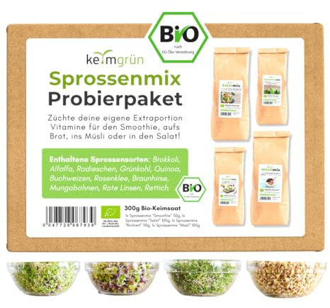 BIO Sprossenmix Samen Set - insgesamt 300g BIO Saatgutmix für Sprossen - 4 Sorten: Salatmix - Smoothiemix - Spicymix - Brotzeitmix - Regelmäßig getestete Keimfähigkeit - Für's Sprossenglas