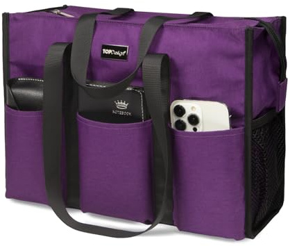 TOPDesign Utility Water Resistant Tote Bag with 13 Exterior & Interior Pockets, Top Zipper Closure & Thick Bottom Support, for Working Women, Teachers, Nurses, Accountants (Purple)