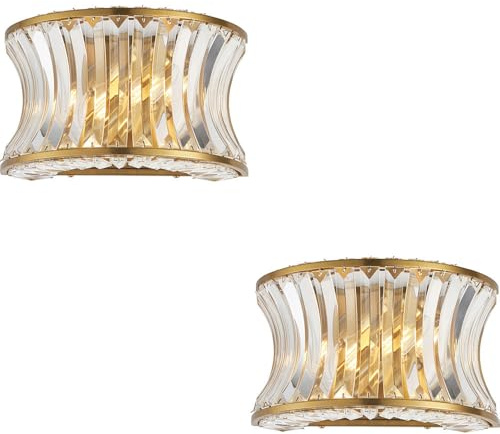 2 Pack Glass Dimmable Wall Light - Concave Effect Clear Crystals - Warm Brass Edge