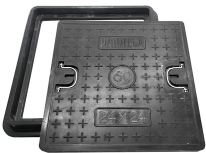 Natotela Square Fiberglass Manhole Cover and Frame 28x28, 24x24 Solid Top Lid, Clear Opening Size 21.5x21.5,Reinforced Steel Embedded Sewer Cover with Handles,Non-slip Recessed Sewage Basin Covers