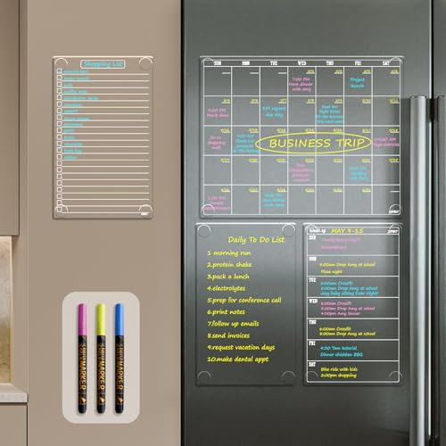 JJPRO Non-Magnetic Dry Erase Monthly Calendar for Fridge-Clear Monthly Calendar, Weekly Planner, List and Blank Board. Clear Reusable Calendar Stick to Fridge,Cabinet,Door&Glass