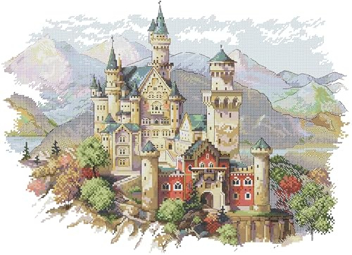 Gofission Kreuzstich Set Vorgedruckt Stickpackungen, Schlösser 14ct Stickset 50 x 38 cm mit Stoff Vorlagen für Erwachsene Anfänger