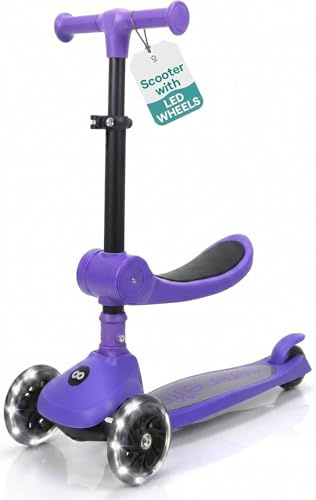 SereneLife 3 Wheel Foldable Kids Scooter - Foldable Seat, LED Wheel Lights, Adjustable Handlebar, Rear Foot Brake, Lean-to-Steer, Anti-Slip Deck, Ideal for Toddlers Kids 3+, up to 110Lbs (Purple)