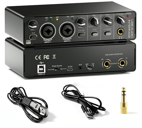 2X2 USB Audio Interface for PC Mac Laptop, 24Bit 192kHz for Computer Recording, Guitar, Streaming, Podcasting, with 48V Phantom Power, XLR TSR TS Ports
