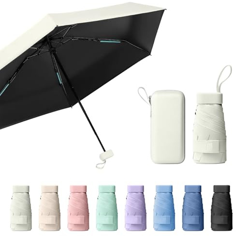 Sykrawki Mini Ombrello Pieghevole - Ombrello da Viaggio Compatto con Protezione UV, Antivento e Custodia a Capsula - Per Uomini e Donne (Bianco)