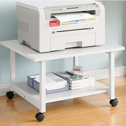 Savieva 2-Ebene Druckertisch mit Universalrollen, 60x48 cm, Warmweiß, mobiler Druckerständer aus Holz & Metall, bis zu 70 kg belastbar, für Büro, Zuhause, Schule (Weiß, 2 Schichten)