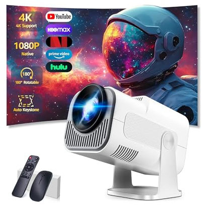 [App Integrada & 2026 Upgraded] Mini Proyector 4K 1080P Proyector Vídeo con WiFi 6 Bluetooth 5.2 Support Gira 270° Corrección Trapezoidal Automática para HDMI/TV Stick/PC/USB, Blanco
