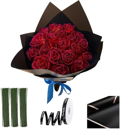 Peosaard Glitzerrosen Bouquet, 20 Prozent konservierte rote Rosenblumen, 9,5 Zoll glänzende DIY -falsche Rosen mit Stiel, Wickelbänder und Packpapier zum Jubiläum, Engagement, Hochzeit