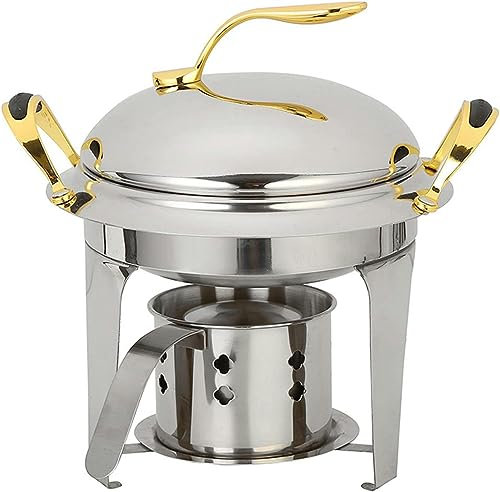 GUHPZA Chafing Dish in Acciaio Inossidabile per Uso Domestico, Set Scaldavivande Rotondo per Buffet con Teglia per Alimenti, Coperchio E Porta-Combustibile, per Buffet,Gold
