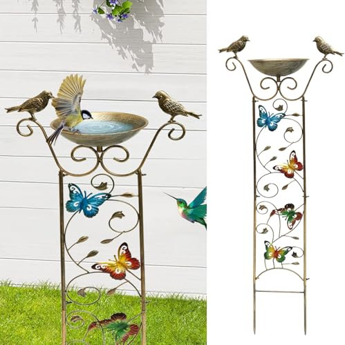 Vogeltränke Stehend 105×37cm Vogelbad Garten Metall mit Erdspieß Schmetterlings Kolibri Musterdesign Vogeltränke Winterfest Wassertränke für Vögel für Garten Terrasse Innenhof Rasen (Schmetterling)