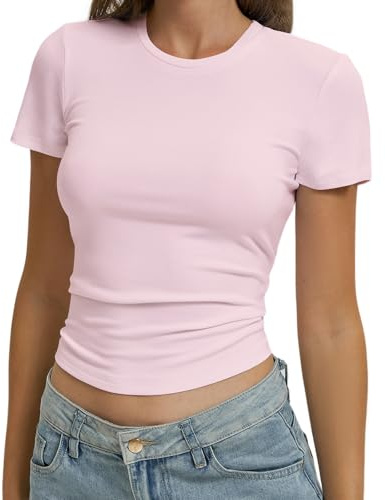 OYIGELZ Damen T-Shirt Basic Kurzarm Rundhals Slim Fit Oberteile Casual Y2K Crop Top Frauen Shirts