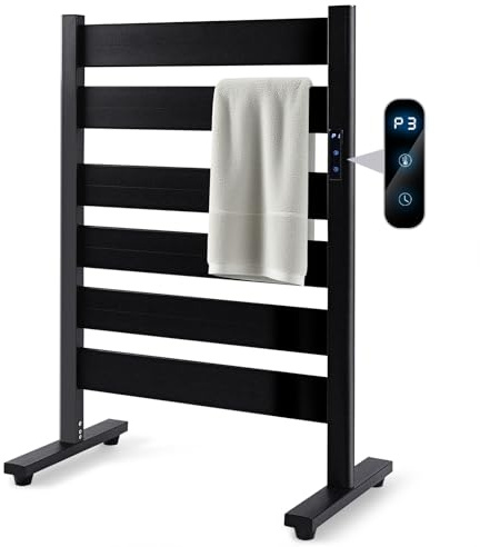 Towel Warmer Rack with 6 Widened Bars, Wall-Mounted Heated Towel Dryer with Timer, LED Display, 3 Temp Levels, Plug Overheat Protection, for Bathroom Spa Laundry (Matte Black)