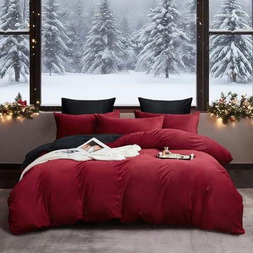 YASMENG Flanell sängkläder 135 x 200 vinröd svart varm mysig flanell sängkläder 135 x 200 vinter fluffig plysch sammet fleece vändbara sängkläder 2 delar med dragkedja och 80 x 80 cm örngott