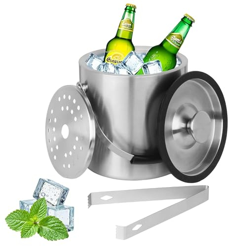 Contenedor de hielo de 2 L, contenedor de hielo de acero inoxidable de 2 L, cubo de hielo de acero inoxidable, de doble pared, contenedor de hielo con aislamiento de doble pared