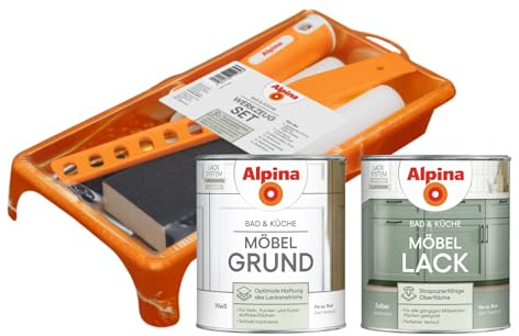 Alpina Bad & Küche Möbel-Lack Set – Salbei – seidenmatter Lack, Grundierung und Werkzeug-Set – für die einfache und professionelle Renovierung