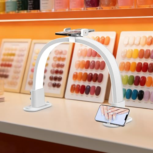 SMOCTAR Halbmond Lampe für Nagel Schreibtisch, Faltbare LED Nageltischlampe für Nail Tech mit Telefonhalter, Halbmond Licht Ästhetiker Wimpern Licht (Weiß-2)