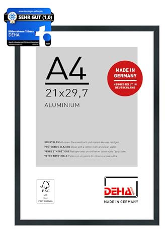 DEHA Design Bilderrahmen, 29,7 x 42 cm (A3), Aluminium, Silber matt, Posterrahmen zum Aufhängen im Hoch- & Querformat, bruchsicheres Kunstglas, Tribeca