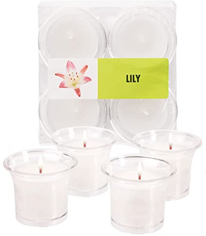 Hyoola Bougies Parfumées Votives Bougies Bougeoir Transparent - Lys - Durée de Combustion 12 Heures - Lot de 4 - Fabrication Européenne
