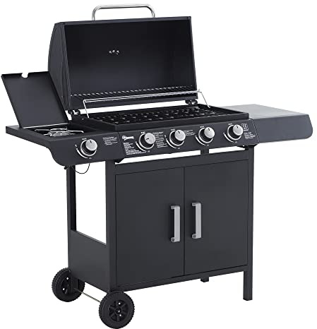 Outsunny 4+1 Burner Gas BBQ Grill, Outdoor Barbecue Trolley with Wheels, Warming Rack, Side Shelves, Cabinet, Thermometer for Garden, Party, Camping, 125 L x 51 W x 100 H cm, Black