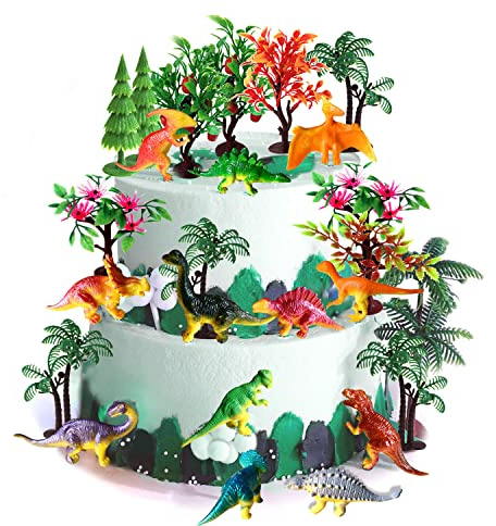 OrgMemory Dino Tortendeko, 27 Stück Kuchen Feko Bäume, Modellbau Bäume mit Basen, Dinosaurier Figuren für Miniatur Deko oder Cake Topper (12 Dinosaurier und Bäume)