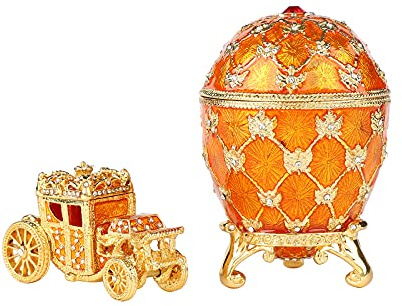 QIFU Vintage Yellow Easter Egg Style Jewelry Trinket Box with Mini Royal Carriage, Unique Gift for Easter Collection