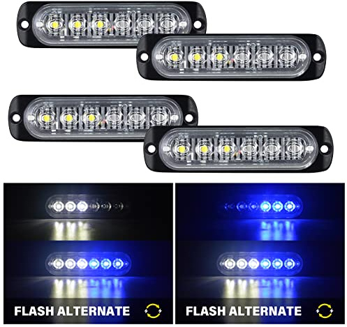 RIGIDON 4 Pezzis 6 LED Lampada di Emergenza Strobo Barra Led, 4.3 Pollice 12V 24V Faretti Fendinebbia Per Off road Auto Fuoristrada Camion SUV ATV 4x4 Veicoli, Bianca Blu Luce Lampeggiante Led
