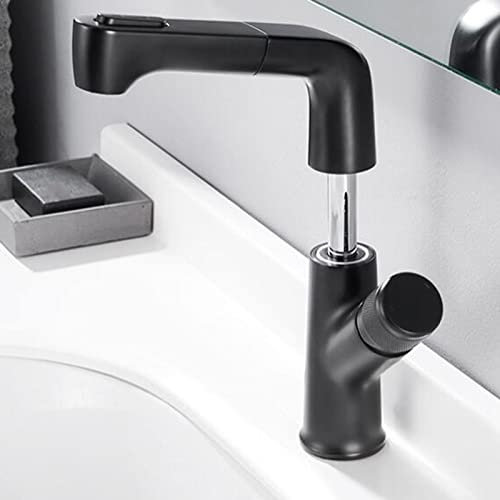 Waschtischarmatur Ausziehbar mit Brause Wasserhahn Bad Messing Versenkbar Wasser Kalt und Heiß Drehbar Badarmatur Waschbecken Ausziehbar-Schwarz