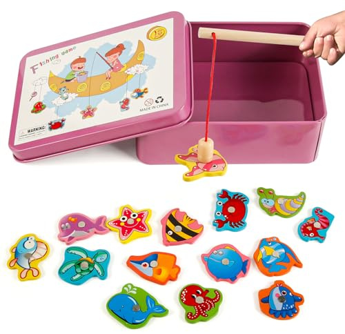 Victse Holzspielzeug Angelspiel, Spiele Montessori Kinder 2 Jahre magnetisches Angelspiel, Kinder aus Holz, Lernspielzeug, Kinderspiele für Entwicklung (Rosa)