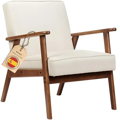 HOME DESIGN & CONFORT Butaca Roma Antimanchas de Estilo nórdico - Butacas de Salon Madera Maciza - Butaca Dormitorio (Beige/Nogal)