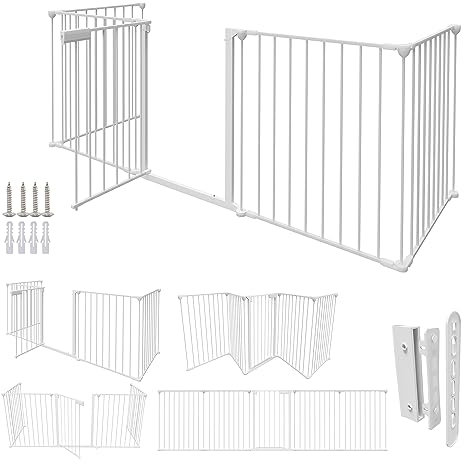 Randaco Kaminschutzgitter mit Tür 310cm,Baby Absperrgitter Metall Ofenschutzgitter Kamingitter,Tierschutzgitter Kinderschutzgitte inkl 5 Elemente (je 75x65cm)-Weiß