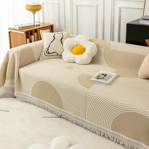 Ayoiow Couchbezug rutschfest Couchbezug Braun Sofahusse 1Sitzer Baumwolle Kreislinien Mit Quaste
