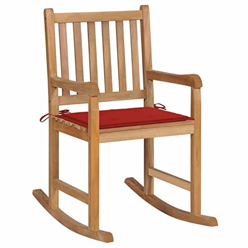 ARKEM Schaukelstuhl mit Rotem Kissen Massivholz Teak Sessel Mit Schlaffunktion Kinosessel